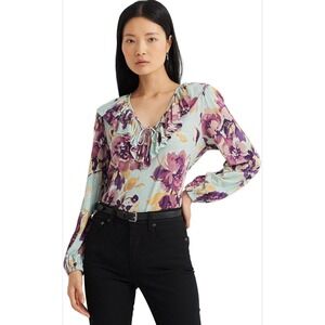 Lauren Ralph Lauren Black Label Shirt PS Women's‎ Floral V Neck Tie Neck Blouse